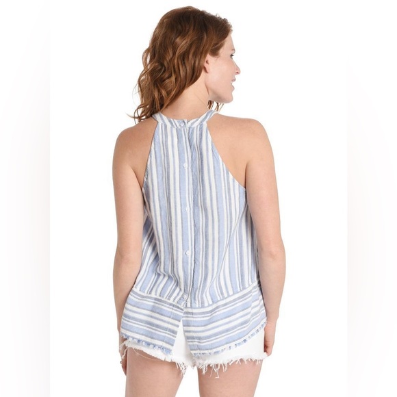 Cloth & Stone Linen Blend Striped Raw Hem Sleeveless Button Back Detail Boho Top - Picture 2 of 10